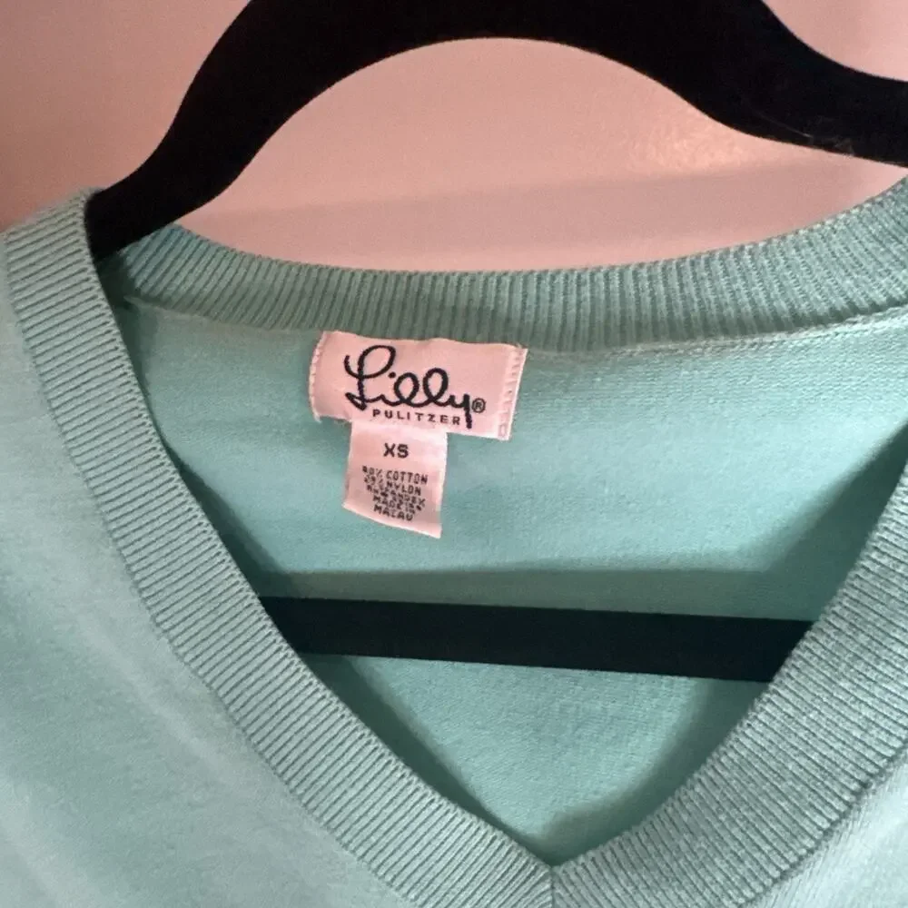 Vintage Lilly Pulitzer Solid Green V-Neck Pullover Sweater‎ Palm Tree Logo Sz XS